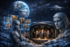 Nachdenklich wirkender Außerirdischer steht in felsiger Mondlandschaft vor schwebenden Bildern menschlicher Kunst und Kultur. Im Hintergrund befinden sich eine Bühne mit Rednern, ein riesiger Planet und ein schwebendes UFO im Sternenhimmel. Eine monumentale steinerne Frauenfigur blickt traurig auf die Szenerie herab. Das Bild verbindet Science-Fiction, Kulturkritik und kosmische Beobachtung.