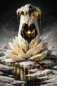 Eine weiße lotusartige Kristallblüte öffnet sich auf einer eisigen Fläche und enthüllt zwei schwarze Figuren, die gemeinsam eine goldene Lichtkugel halten. Feine goldene Risse ziehen sich durch die frostige Struktur. Über der Szene schweben kleine leuchtende Partikel im dunklen Raum. Die Komposition wirkt sakral, still und von innerer Wärme erfüllt.