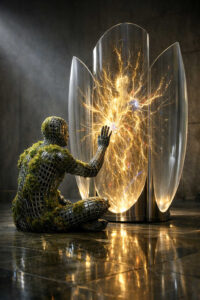 Eine moosbewachsene Gitterfigur sitzt in einem dunklen Raum vor einer hohen, gläsernen Konstruktion voller goldener Energieblitze. Die ausgestreckte Hand scheint mit dem elektrischen Lichtfeld zu kommunizieren. Reflexionen glänzen auf dem polierten Boden und verstärken die futuristische Wirkung. Das Bild erinnert an ein geheimes Experiment zwischen Natur und Technologie.