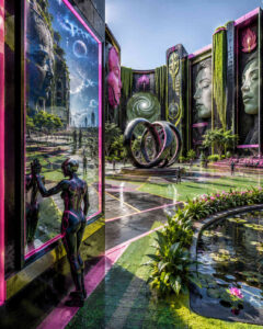 Eine futuristische Gartenanlage mit monumentalen Gesichtern, schwarzen Wänden und pink leuchtenden Akzenten erstreckt sich unter klarem Tageslicht. Zwei humanoide Figuren betrachten durch ein riesiges Fenster eine ferne Landschaft mit Planeten und monumentalen Köpfen. In der Mitte des Platzes steht eine skulpturale Ringstruktur auf einem runden Podest. Wasserbecken mit Seerosen und üppige Pflanzen lockern die geometrische Architektur auf. Die Farben Schwarz, Grün und Magenta erzeugen einen intensiven Kontrast zwischen Natur und futuristischer Gestaltung. Das Bild wirkt wie ein spiritueller Park einer hochentwickelten Zivilisation.