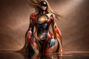 Eine futuristische Frau mit langem Haar und schwarzem Visier erhebt sich aus spiegelndem Wasser. In ihrem Körper leuchten kosmische Strukturen und Spiralgalaxien, während stilisierte menschliche Figuren in ihre Formen eingebettet sind. Warme Braun- und Rottöne verleihen der Szene eine ruhige, fast sakrale Stimmung. Das Bild verbindet Eleganz, Science-Fiction und innere Unendlichkeit.