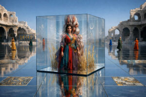 Eine Frau in farbenprächtigem Gewand steht in einem transparenten Würfel inmitten einer spiegelnden Ruinenlandschaft. Hinter ihr wachsen organische, fremdartige Formen empor, während weitere Frauen in bunten Kleidern über die Fläche verteilt stehen. Die Szene verbindet sakrale Ruhe mit futuristischer Isolation und symbolischer Inszenierung.