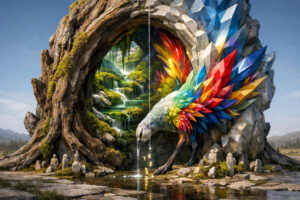 Ein fantastischer Vogel mit regenbogenfarbenen kristallinen Federn beugt sich an einer Wasserquelle vor einem gewaltigen Baumtor. Hinter dem Tor öffnet sich eine grüne, wasserreiche Landschaft mit kleinen Wasserfällen und leuchtenden Farben. Die Umgebung wirkt wie ein Übergang zwischen Natur, Mythos und Traumwelt. Kleine steinerne Figuren verstärken die sakrale Stimmung.