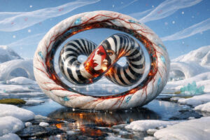 Surreales Objekt aus schneebedecktem Material mit gläsernem Inneren steht in einer vereisten Landschaft voller Rundformen und Kristalle. Im Zentrum erscheinen zwei ineinander verschmolzene Gesichter mit schwarz-weißen Spiralstrukturen und roten Akzenten. Feine Lichtadern und glühende Linien verleihen der Skulptur einen lebendigen Eindruck. Die Szene wirkt gleichzeitig kühl, traumhaft und symbolisch aufgeladen.