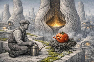 Ein kniender Mann mit Gießkanne betrachtet eine wütend wirkende Tomate mit Armen und Gesicht in einer surrealen Steinlandschaft. Riesige, verdrehte Türme ragen in den nebligen Himmel, während im Hintergrund ein goldenes Leuchten aus einem monumentalen Bauwerk strömt. Die Szene verbindet märchenhafte Absurdität mit fein gravierter Architektur und stiller Endzeitstimmung.