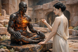Dunkle humanoide Statue mit rissiger Oberfläche sitzt meditierend auf einer Steinplatte. Orangefarbene Lichtadern durchziehen den Körper wie flüssige Lava. Eine elegant gekleidete Frau hält einen goldenen Faden, der mit der leuchtenden Brust der Figur verbunden ist. Die antik wirkende Ruinenlandschaft wirkt still und feierlich zugleich.