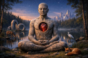 Eine monumentale steinerne Meditationsfigur sitzt am Ufer eines ruhigen Sees in einer Waldlandschaft bei Abendlicht. In ihrer Brust leuchtet ein rot glühender kristallartiger Kern wie ein verborgenes Herz. Tiere wie ein Reh, ein Reiher und ein schlafender Fuchs umgeben die friedliche Szene. Im Hintergrund stehen steinerne Torformen vor fernen Bergen und spiegeln sich im Wasser.