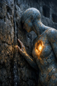 Eine humanoide Figur mit rissiger, steinartiger Haut lehnt an einer feuchten Felswand, aus deren Spalte Wasser rinnt. Im Brustraum glüht ein warmes, spiralförmiges Licht wie ein verborgenes Herz. Feine goldene Linien ziehen sich über Arm und Schulter. Die Szene verbindet Zerfall, innere Wärme und meditative Stille.