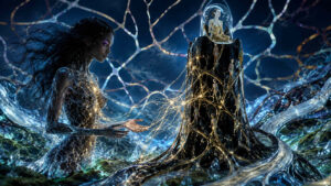 Transluzente weibliche Figur sitzt vor einer dunklen glänzenden Säule voller kleiner menschlicher Wesen. Leuchtende goldene Fäden verbinden beide Figuren wie neuronale Netzwerke. Über der Säule sitzt eine meditierende Gestalt unter einer gläsernen Kuppel. Die Umgebung besteht aus fließenden kristallinen Formen und schimmernden Oberflächen. Das Bild vermittelt eine Mischung aus spiritueller Verbindung und technologischer Evolution.