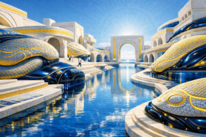 Futuristische weiße Architektur mit geschwungenen, goldverzierten Formen umgibt ein ruhiges Wasserbecken unter strahlend blauem Himmel. Große organische Baukörper erinnern an schlafende Wesen aus Keramik und Metall. Lichtlinien ziehen sich über die Oberflächen und spiegeln sich im Wasser. Die gesamte Szene wirkt wie eine Mischung aus Palast, Tempel und außerirdischer Stadtlandschaft.