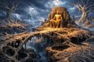 Eine goldene humanoide Statue sitzt auf einem steinernen Thron in einer düsteren Landschaft voller Ruinen, Wurzeln und tiefer Abgründe. Blitze durchziehen den dunklen Himmel, während fahles Licht auf zerklüftete Brücken und eingestürzte Ebenen fällt. Die Oberfläche des Bodens wirkt wie versteinertes organisches Gewebe. Das Bild erzeugt eine Atmosphäre von Vergänglichkeit und uralter Macht.
