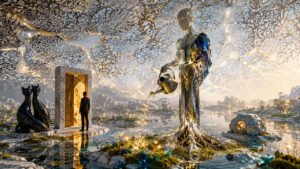 Riesige elegante Frauenfigur aus glänzendem Material steht in einer hellen surrealen Wasserlandschaft und gießt leuchtendes Wasser aus einer goldenen Kanne. Über der Szene spannt sich ein filigranes netzartiges Muster aus Licht und organischen Strukturen. Neben einer offenen Tür steht ein Mensch im Gegenlicht, begleitet von schwarzen katzenartigen Skulpturen. Die gesamte Umgebung wirkt ruhig, magisch und von warmem Goldlicht erfüllt.