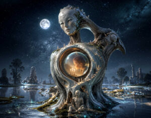 Eine monumentale humanoide Statue erhebt sich nachts aus einer stillen Wasserlandschaft unter einem sternenklaren Himmel. In ihrem Brustbereich befindet sich eine gläserne Kugel, in der ein Kind bei Kerzenlicht sitzt und nachdenklich wirkt. Kleine Figuren steigen über schmale Wege und Treppen an der gigantischen Gestalt empor. Die Oberfläche der Statue erinnert an verwittertes Holz, Stein und organisches Material zugleich. Mondlicht und Spiegelungen im Wasser verleihen der Szene eine ruhige, kosmische Stimmung. Das Bild verbindet Einsamkeit, Schutz und geheimnisvolle Spiritualität.