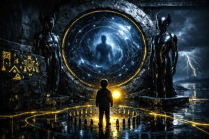 Ein Kind steht in einer regennassen Ruine vor einem riesigen kosmischen Portal, flankiert von zwei schwarzen humanoiden Figuren. Im Sternenwirbel des Tores erscheint ein schemenhaftes Wesen. Goldene Linien spiegeln sich auf dem nassen Boden, während draußen Blitze über dem Meer zucken. Die Atmosphäre wirkt wie ein Initiationsritual zwischen Wirklichkeit und Universum.
