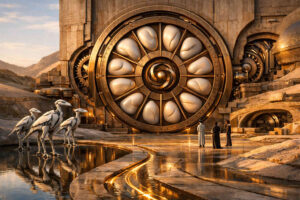 Eine monumentale Maschine mit kreisförmigem Zentrum enthält große weiße, eiähnliche Formen in symmetrischer Anordnung. Drei Menschen betrachten die Anlage auf einer spiegelnden Fläche aus Wasser und Stein. Mechanische Vögel stehen am Rand des Beckens und verstärken den futuristischen Eindruck. Goldene Lichtlinien durchziehen die Architektur wie fließende Energieadern.