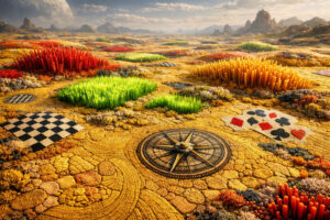 Weite fremdartige Landschaft mit leuchtenden roten, grünen und goldenen Kristallfeldern unter einem fernen Himmel. In den Boden sind Spielkarten-Symbole, Schachmuster und eine große Kompassrose eingelassen. Die Oberfläche wirkt trocken und mosaikartig strukturiert. Die Szene erinnert an eine surreale Mischung aus Brettspiel, Wüste und außerirdischem Garten.