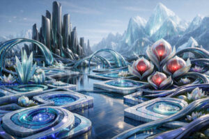 Futuristische Stadtlandschaft aus geschwungenen silberblauen Formen und spiegelnden Wasserbecken vor hohen Eisbergen. Riesige blütenartige Gebilde mit rotem Leuchten wachsen zwischen den architektonischen Strukturen. Die gesamte Szenerie wirkt kühl, klar und hochentwickelt. Gläserne Bögen verbinden die verschiedenen Ebenen der Anlage.