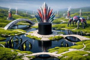 Futuristische Landschaft mit einem schwarzen Rundbau, hinter dem eine große bunte Kristallformation emporragt. Mehrere elegante Steinbrücken verbinden die Wasserflächen eines symmetrischen Gartens. Dunkle organische Gebilde mit grünem Leuchten tauchen aus dem Wasser auf. Rechts steht eine riesige metallische Kreatur inmitten sanfter grüner Hügel.