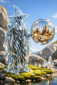 Eine hochgewachsene Gestalt in schimmerndem, transparentem Gewand steht auf moosbewachsenen Felsen neben klarem Wasser. In ihrer Hand schwebt eine gläserne Kugel mit einer winzigen Wüstenlandschaft und steinernen Säulen. Der spitze Hut und die funkelnden Linien des Umhangs erinnern an einen magischen Sternenhimmel. Sonnenlicht und Kristalle verleihen dem Bild eine lichte, traumartige Stimmung.