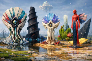 Surreale Landschaft mit monumentalen kristallinen Türmen und einer roten humanoiden Figur mit flügelartigen Formen. Wasserflächen spiegeln bizarre Objekte und ferne schwebende Strukturen wider. Die Szenerie verbindet organische Formen mit futuristischer Architektur. Helle Farben und fremdartige Details erzeugen eine visionäre Stimmung.
