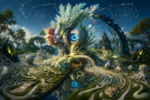 Eine surreale Landschaft aus verschlungenen Wegen und Wasserläufen umgibt ein gigantisches Wesen aus Gesichtern, Wurzeln und einem riesigen Auge. Sternbilder spiralförmig angeordneter Lichtpunkte schweben über der Szene. Tiere, Kugeln und organische Formen sind in das labyrinthartige Gelände eingebettet. Die Komposition erinnert an einen Traum über Bewusstsein, Natur und kosmische Wahrnehmung.