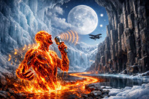 Glühende humanoide Gestalt aus flüssigem Feuer singt mit Mikrofon in einer eisigen Schlucht unter riesigem Vollmond. Orangefarbene Lavaadern ziehen sich durch den gefrorenen Boden, während musikalische Symbole und Schallwellen aus dem Sänger hervortreten. Flugzeug und dunkle Felsen verstärken die dramatische Mischung aus Konzert, Naturgewalt und Science-Fiction.