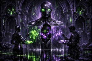 Zwei humanoide Wesen erschaffen in einer gotischen Ruine leuchtende Muster auf transparenten Tafeln vor einer gespaltenen Figur. Der Körper der zentralen Gestalt öffnet sich zu einem violetten Sternenraum voller kosmischer Partikel. Grünes und violettes Licht spiegeln sich im Wasser der Halle. Die Szene erinnert an ein sakrales Experiment zwischen Kunst und Schöpfung.