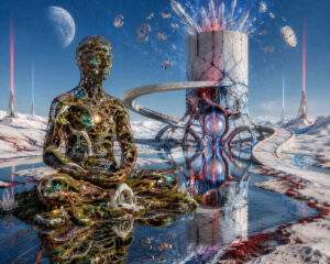 In einer eisigen weißen Landschaft sitzt eine transparente humanoide Figur meditierend auf einer kleinen Insel aus Pflanzen, Wasser und leuchtenden Leitungen. Hinter ihr erhebt sich ein futuristischer Turm mit spiralförmiger Rampe und rot-blau leuchtenden Energiekernen. Uhren schweben über der Szene wie Fragmente einer zerfallenden Zeitordnung. Die spiegelnde Wasserfläche reflektiert Himmel, Architektur und die filigranen Strukturen des Körpers. Feine rote und blaue Linien ziehen sich durch Schnee und Eis wie pulsierende Adern. Das Bild verbindet spirituelle Ruhe mit futuristischer Technologie und wirkt wie ein Symbol für Bewusstsein im kosmischen Winter.