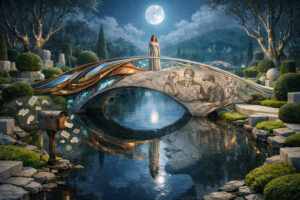 Nächtlicher Garten mit geschwungener Brücke über ruhigem Wasser unter hellem Vollmond. Auf der Brücke steht eine Frau im weißen Kleid, während Steinreliefs Menschen beim Lesen zeigen. Gepflegte Hecken und geometrische Formen umgeben die spiegelnde Wasserfläche. Ein alter Briefkasten mit schwebenden Symbolen verleiht der Szene poetische Rätselhaftigkeit.