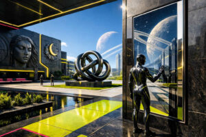 Eine schwarz glänzende humanoide Figur berührt eine hohe spiegelnde Fläche in einem futuristischen Innenhof. Im Hintergrund stehen monumentale Ring-Skulpturen und moderne Gebäude mit goldenen Lichtlinien. Durch ein riesiges Fenster sind ein Planet und leuchtende Ringbahnen am Himmel sichtbar. Die Atmosphäre wirkt still, kühl und von kosmischer Sehnsucht erfüllt.