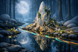 Mystische Waldlandschaft bei Nacht mit großem Vollmond, spiegelndem Wasser und leuchtenden Lichtbahnen entlang eines ruhigen Flusses. In der Mitte erhebt sich eine steinerne Formation, verwachsen mit Wurzeln, Moos und goldenen Energieadern. Kleine Lichtpunkte schweben zwischen den Bäumen und spiegeln sich im Wasser. Die Atmosphäre erinnert an einen magischen Ort voller Ruhe und verborgener Kraft.