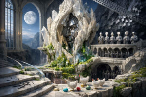 In einer riesigen Halle mit Blick auf einen Vollmond erhebt sich eine kristallartige Skulptur mit einem metallischen Gesicht im Inneren. Reihen identischer Figuren mit geometrischen Köpfen stehen auf steinernen Galerien und beobachten die Szenerie. Weiße Hühner und bunte Eier im Vordergrund erzeugen einen surrealen Kontrast zur monumentalen Architektur.