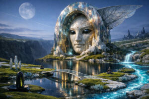 Futuristische Landschaft mit riesigem kristallinem Gesichtsbauwerk an einem leuchtenden Fluss unter einem hellen Mond. Kleine Figuren meditieren zwischen weißen Felsen und gläsernen Brücken. Türkisfarbenes Wasser durchzieht die Szene wie ein Lichtstrom. Die Atmosphäre wirkt ruhig, geheimnisvoll und wie eine Mischung aus Tempel und außerirdischer Naturwelt.