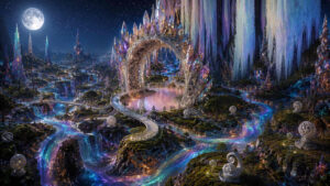 Eine fantastische Landschaft aus Wasserfällen, leuchtenden Flüssen und gigantischen Kristallformationen erstreckt sich unter einem hellen Vollmond. In der Mitte erhebt sich ein kunstvoller kristallener Bogen über einem rosa schimmernden Becken. Weiße Wege führen über Brücken und Hügel durch die glitzernde Traumwelt. Überall stehen ornamentale Kugeln und spiralförmige Skulpturen zwischen moosbewachsenen Felsen. Das Bild erinnert an eine friedliche außerirdische Welt voller Licht, Harmonie und stiller Schönheit.