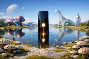 Ein schwarzer glänzender Monolith erhebt sich aus einem ruhigen See in einer futuristischen Parklandschaft. Umgeben wird die Szene von organischen Gebäuden, riesigen Skulpturen und pilzartigen Formen im Vordergrund. Zwei Monde schweben am blauen Himmel über der stillen Szenerie. Menschen wirken klein zwischen den monumentalen Objekten und spiegelnden Wasserflächen.