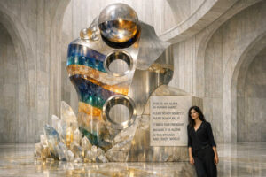 Futurale Skulptur aus Metall, Kristall und Marmor in einer riesigen hallenartigen Architektur. Neben dem Objekt steht eine dunkel gekleidete Frau vor einer eingravierten Botschaft über ein einsames außerirdisches Wesen. Glänzende Kugeln und kristalline Einschlüsse verleihen der Szene einen surrealen Charakter. Das Bild verbindet Science-Fiction, Monumentalkunst und stille Melancholie.