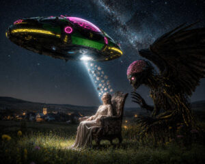 Über einer nächtlichen Landschaft schwebt ein futuristisches UFO mit neonfarbenen Lichtkreisen und wirft einen hellen Strahl auf eine Frau in einem Sessel. Kleine leuchtende Partikel steigen aus ihrem Kopf empor wie Gedanken oder Erinnerungen. Neben ihr kauert eine dunkle geflügelte Kreatur mit freiliegendem Gehirn und glühenden Augen, die die Szene beobachtet. Im Hintergrund liegt ein Dorf mit beleuchteter Kirche unter einem sternenklaren Himmel. Die Mischung aus friedlicher Nachtstimmung und bedrohlicher Fantasie erzeugt eine surreale Spannung. Das Bild erinnert an eine moderne Vision zwischen Science-Fiction, Traum und Albtraum.