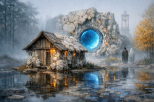 Ein kleines verwittertes Haus steht in einer nebligen Landschaft neben einem gigantischen runden blauen Portal in einer Felswand. Zwei verhüllte Gestalten gehen über einen nassen Weg durch die stille Szenerie. Im Hintergrund erhebt sich schemenhaft eine große Sanduhr. Spiegelungen im Wasser und sanfte Lichter verleihen dem Bild eine traumhafte Atmosphäre.