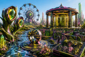 Eine farbintensive Fantasielandschaft zeigt futuristische Pavillons, Kristalle und labyrinthartige Wege voller leuchtender Muster in Pink, Gelb und Grün. Im Vordergrund wachsen organische, pflanzenartige Formen mit großen Edelsteinkernen aus schwarzem Material empor. Ein riesiges Riesenrad und gläserne Türme bestimmen den Hintergrund der Szene. Menschen bewegen sich zwischen den geometrischen Strukturen, die wie eine Mischung aus Jahrmarkt, Tempelanlage und digitaler Traumstadt wirken. Überall spiegeln sich Neonfarben auf Wasserflächen und glänzenden Oberflächen, wodurch das Bild lebendig und fast musikalisch erscheint.