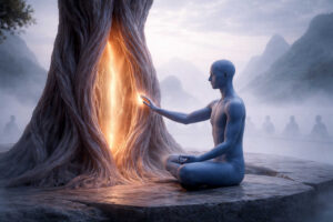 Eine blassblaue humanoide Figur sitzt meditierend vor einem gigantischen Baum, dessen Stamm von einem leuchtenden Spalt durchzogen wird. Die Hand der Figur nähert sich vorsichtig dem warmen Licht im Inneren des Holzes. Nebel, ferne Berge und schemenhafte Gestalten schaffen eine mystische Atmosphäre. Das Bild erinnert an eine stille Begegnung mit etwas Ursprünglichem.