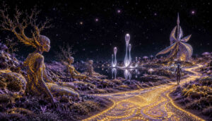 Fantastische außerirdische Landschaft unter einem tiefen Sternenhimmel mit leuchtenden humanoiden Wesen und biomorphen Bauwerken. Goldene Wege schlängeln sich zwischen spiegelnden Wasserflächen und futuristischen organischen Türmen hindurch. Die Figuren scheinen still zu meditieren oder die kosmische Umgebung zu beobachten. Violette, goldene und silbrige Lichtstrukturen erzeugen eine friedliche, beinahe spirituelle Stimmung.