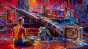 Eine leuchtend farbige Fantasielandschaft aus roten, blauen und violetten Flüssigkeiten breitet sich unter einem intensiven Himmel aus. Im Vordergrund sitzt eine humanoide Figur in meditativer Haltung vor einem weiblichen Kopf, der aus einer glänzenden Flüssigkeit auftaucht. Organische Brücken und bizarre Steinformen verbinden verschiedene Ebenen der Landschaft miteinander. Mehrere rechteckige Portale oder Rahmen enthalten symbolische Bilder wie Augen oder kosmische Strukturen. Die Szene wirkt wie eine psychedelische Mischung aus Traumwelt, spirituellem Ritual und surrealer Science-Fiction.