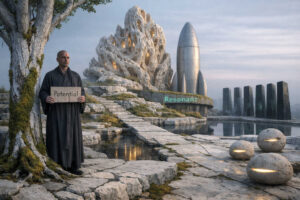 Kahlköpfiger Mann in dunkler Robe hält ein Schild mit dem Wort „Potential“ vor einer surrealen Landschaft aus Wasserbecken, Steinkugeln und futuristischen Bauwerken. Hinter ihm erhebt sich ein organisch wirkender weißer Tempel neben einer raketenförmigen Struktur. Neonartige Schrift mit dem Wort „Resonanz“ leuchtet im Hintergrund. Die Szene verbindet Meditation, Science-Fiction und philosophische Symbolik.