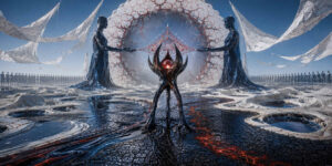 Futuristische Landschaft mit zwei monumentalen schwarzen Figuren vor einer riesigen weißen kugelförmigen Struktur voller roter Adern. In der Mitte steht ein dunkles biomorphes Wesen mit leuchtendem roten Kern auf einer glänzend schwarzen Oberfläche. Weiße membranartige Stoffe schweben über der Szene und spiegeln sich in den flüssigen Formen des Bodens. Reihen identischer Figuren stehen im Hintergrund wie stumme Zeugen eines geheimnisvollen Rituals. Die Farbwelt kombiniert kaltes Weiß und Blau mit glühenden roten Linien und reflektierenden schwarzen Strukturen.