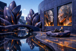 Dunkelblaue futuristische Architektur mit spiegelndem Wasser, kristallinen Pflanzenformen und leuchtenden orangefarbenen Linien. Eine Person liegt entspannt auf einer facettierten Plattform neben dem Kanal. Große geometrische Gesichter erscheinen als Reliefs in den Wänden. Die Szene verbindet Eleganz, Einsamkeit und futuristische Monumentalität.