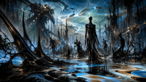 chwarze humanoide Gestalten stehen in einer glänzenden biomorphen Landschaft aus fließenden organischen Formen und spiegelnden Flächen. Im Hintergrund erhebt sich eine riesige abstrakte Struktur wie ein lebender Schattenorganismus. Blau-weiße Lichtströme ziehen sich durch den Himmel und spiegeln sich auf dem Boden. Die gesamte Szene erinnert an eine fremde außerirdische Dimension.