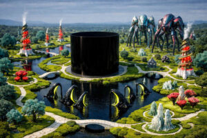 Ein riesiger schwarzer Zylinder dominiert eine futuristische Gartenlandschaft mit Wasserwegen und leuchtenden roten Spiraltürmen. Mehrere biomechanische Riesenwesen stehen am Horizont zwischen kristallinen Gebilden und exotischer Vegetation. Dunkle organische Bögen ragen aus einem Wasserbecken im Vordergrund hervor und leuchten gelbgrün. Die Komposition verbindet geometrische Strenge mit surrealer Science-Fiction-Ästhetik.