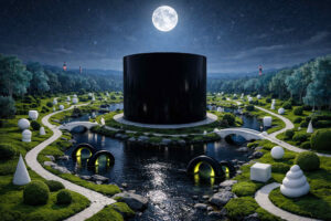 Riesiger schwarzer Zylinder steht inmitten eines symmetrischen Gartens mit Wasserläufen und geometrischen weißen Formen. Kleine Brücken überspannen die Kanäle, während der Vollmond über der Landschaft leuchtet. Dunkle glänzende Objekte mit grünem Licht ragen aus dem Wasser. Die Szene wirkt meditativ, streng geordnet und geheimnisvoll zugleich.