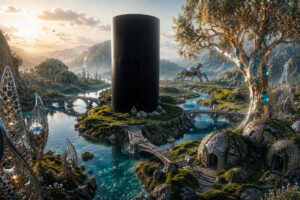 Ein gewaltiger schwarzer Zylinder steht auf einer kleinen Insel mitten in einer fantastischen Landschaft voller Flüsse und Brücken. Rundherum befinden sich kuppelartige Gebäude, filigrane Metallstrukturen und ein großer Baum mit leuchtenden türkisfarbenen Einsätzen. Im Hintergrund bewegt sich eine riesige mechanische Kreatur durch das Tal. Das Wasser schimmert klar und türkis zwischen moosbewachsenen Inseln und steinernen Wegen. Die Szene wirkt wie eine Mischung aus utopischer Naturwelt und geheimnisvoller Technologie.