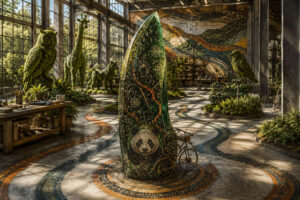 Eine große lichtdurchflutete Halle voller Pflanzen und Mosaikmuster wirkt wie ein geheimnisvolles Naturmuseum. In der Mitte steht ein hoher grüner Kristall oder Monolith mit goldenen Symbolen und einem Panda-Motiv im unteren Bereich. Rundherum befinden sich tierförmige Pflanzenskulpturen, darunter eine Eule, ein Vogel und eine giraffenartige Figur. Auf dem Boden ziehen sich ornamentale Linien wie Wege durch die Halle. Die Atmosphäre verbindet Wissenschaft, Kunst und stille Ehrfurcht vor dem Lebendigen.